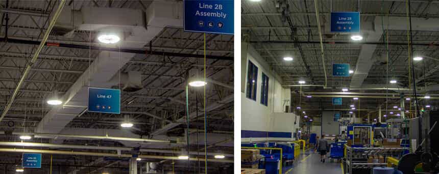 directional signage hanging from ceiling